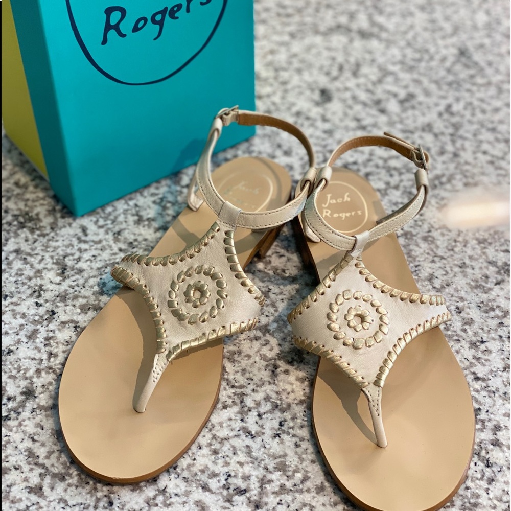 Jack Rogers Maci Flat Sandals Sz 8 Cream & Gold